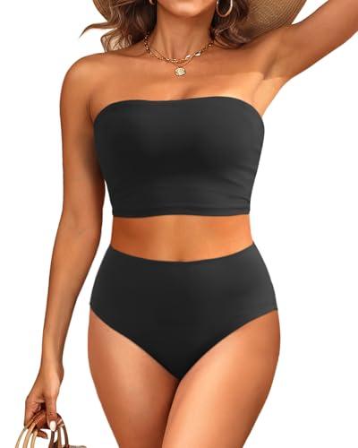 Tempt Me Women Black Bandeau Bikini Set Strapless High Waisted Two Piece Swimsuit Longline Bathing Suits XL