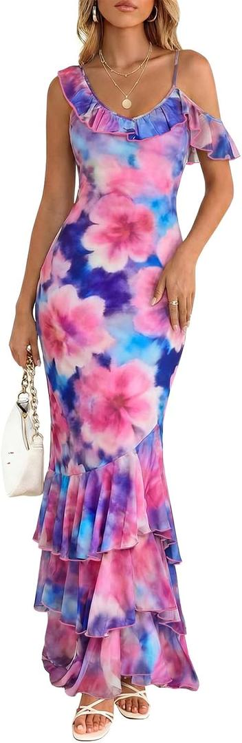 Wenrine Womens Summer Floral Maxi Dress Mesh Spaghetti Strap One Shoulder Casual Ruffle Mermaid Bodycon Party Dresses (Pink)