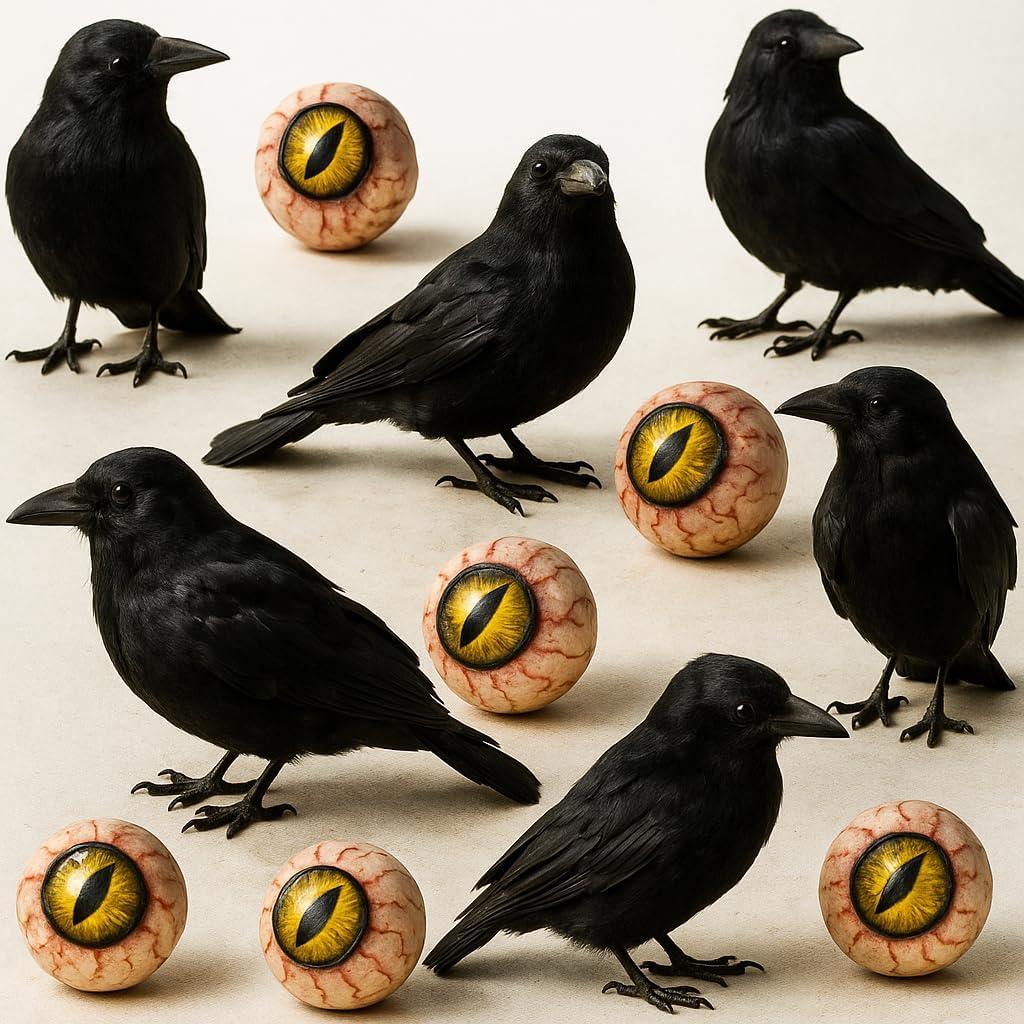 KatchOn, Black Crows with Eyes Halloween Decorations  Pack of 12 | Realistic Feathered Crows for Indoor Outdoor Halloween Decor | Scary Raven Decorations for Haunted House