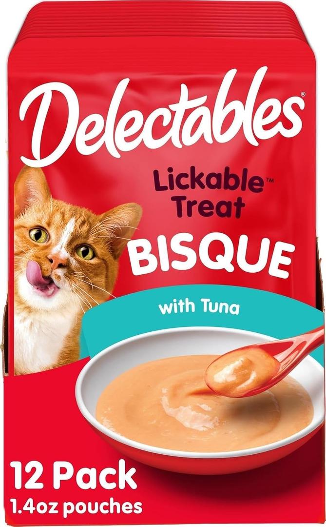 Delectables Lickable Treat Bisque Wet Cat Treat with Real Tuna, Food Topper, Hydrating, Grain-Free, No Fillers, By-Products, Added Preservatives, 1.4oz Pouch, 12ct, BB DEC 26 2027