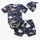 HINTINA Preemie Newborn Infant Baby Boys Outfits Dinosaur Bodysuit Romper Short Pants Hats 3Pcs Summer Clothes Set, Size 52