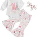 COORALLY Baby Girls St Patricks Day Outfits Shamrock Long Sleeve Romper Bodysuit with Flared Pants Headband Set Size 3-6 M
