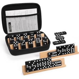 Jumbo Dominos Set for Adults with 4 Wooden Racks/Trays, Double 6 Dominoes Travel Set with Portable Case Double Six Dominoes Set with 4 Tiles Holders, 28 Tiles Dominos Set for Family Board Games