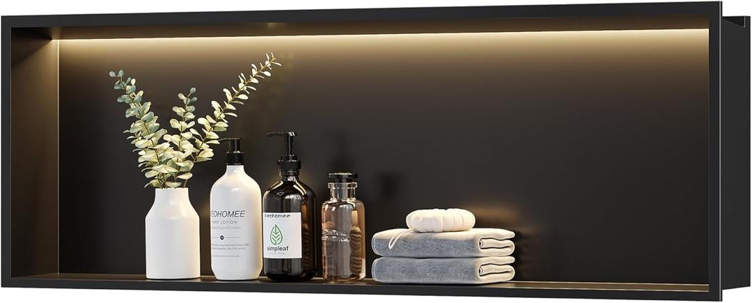 Neodrain LED Light Shower Niche, Matte Black Wall Niche, 36"X12", Stainless Steel Bathroom Cabinet with 3000K Light, Waterproof Recessed Shampoo Storage in wall, No Tile Needed
