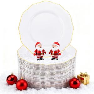WDF 60pcs Gold Plastic Dinner Plates -10.25inch Baroque White and Gold Plates Fancy Heavy Duty Plastic Plates for Upscale Christmas & Wedding & Birthday