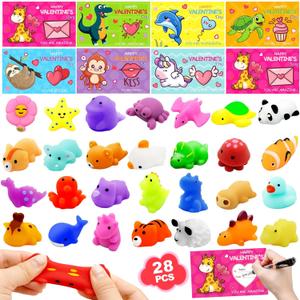 28 Pack Valentines Day Gifts for Kids ,Mochi Squishy Toys with Valentine Greeting Cards Classroom Prizes Exchange Gifts Prizes Valentines Day Gifts for Kids Boy Girl Valentine Party Favors