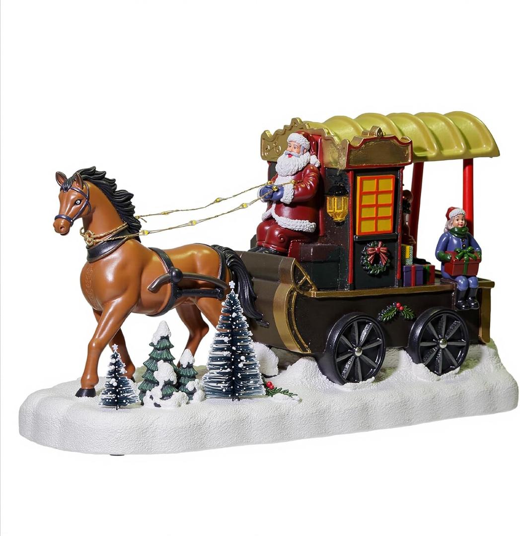 MerryPulse Christmas Village Accessories, Horse Drawn Carriage Collectible Buildings with 8 Songs & LED Lights, Christmas Collectible Figurines for Home Indoor Decorations, Festive Gift
