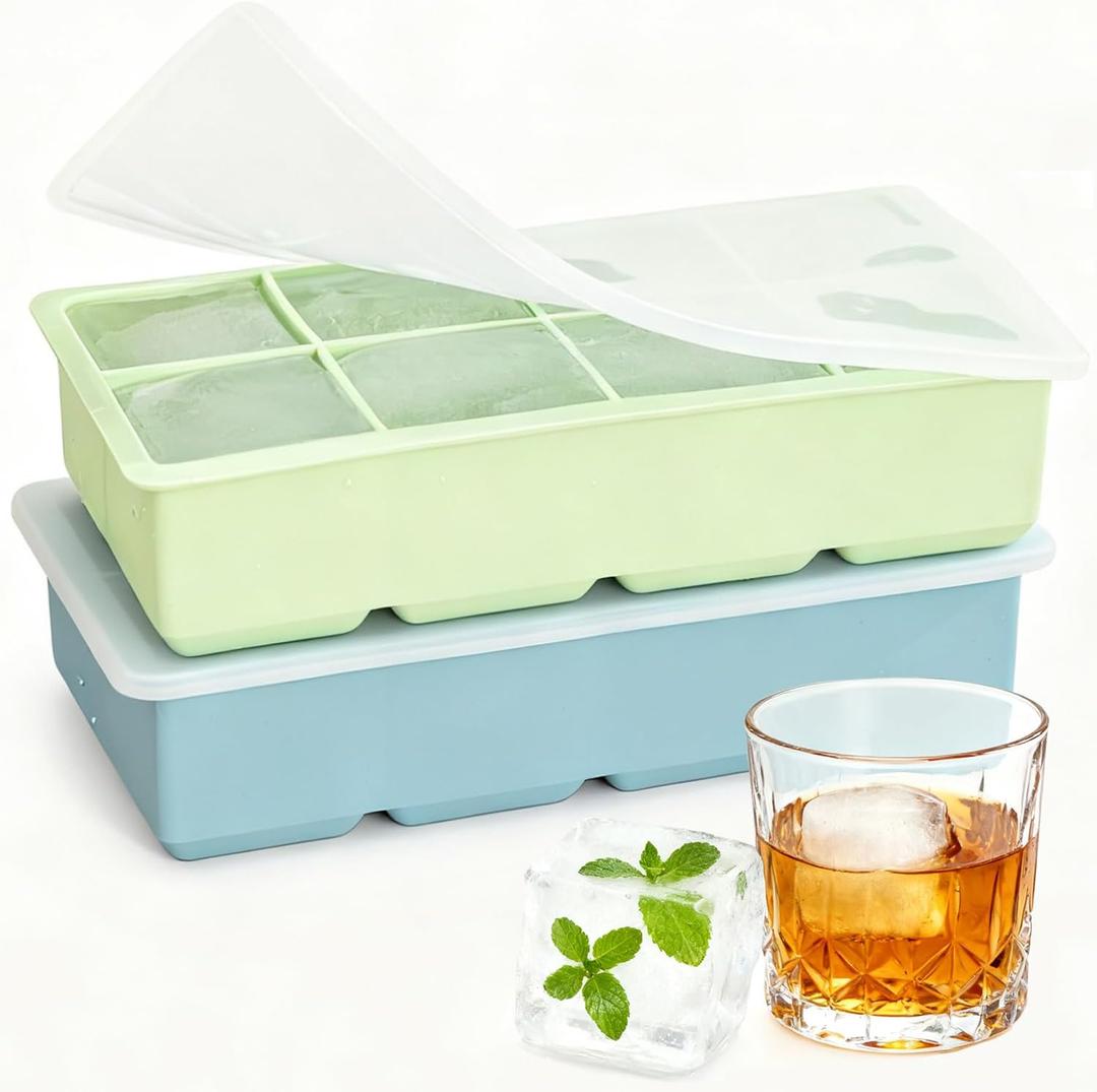 Large Square Ice Cube Molds (2-Pack),Silicone Ice Cube Trays for Freezer with Lid,Easy Release Stackable 2 inch Huge Cubed Ice Trays for Whisky