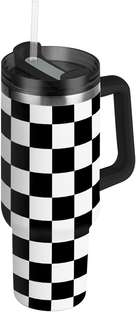 Checkered Black and White 40 oz Tumbler with Handle Lid Straw Insulated Tumblers Stainless Steel Tumbler Leak Proof for Water Coffee Ice Tea Keep Cold or Hot Black