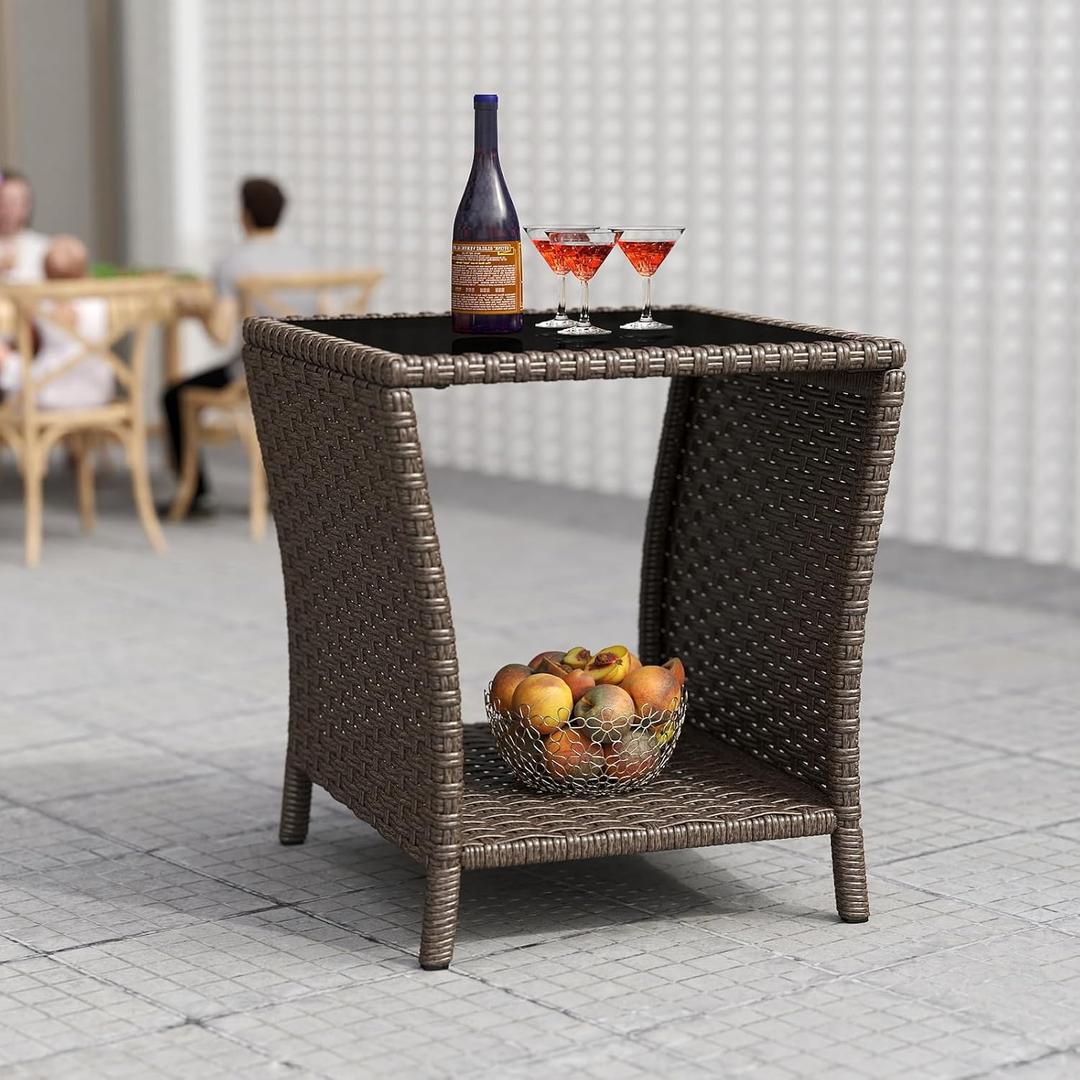 kinbor Outdoor Wicker Side Table - Tempered Glass Top Small Outdoor Table with Storage Shelf for Patio, Balcony & Porch, Durable PE Rattan & Iron Frame, 18" x 18" x 19.7"