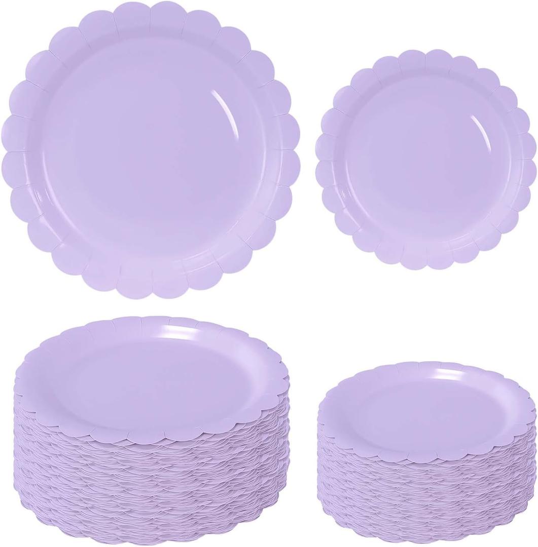 50 Pcs Light Purple Scalloped Paper Plates 25  7'' and 25  9'' Disposable Lavender Scalloped Dinner Plates for Wedding Baby Shower Birthday Party Disposable Dessert Plate