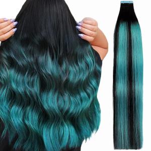 18 Inch Tape in Hair Extensions - 10 Pieces (2g/Piece) 100% Remy Human Hair - Includes Waterproof Tapes - Black Teal Green Balayage