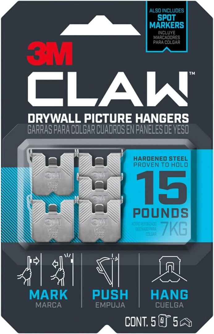 3M CLAW 15 lb. Drywall Picture Hanger with Spot Markers, Heavyweight Hanging Solution for Room Decor and Office Decor, Including Mirrors or Large Art  5 Pack