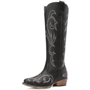 DREAM PAIRS Womens Cowboy Boots Comfortable Cowgirl Knee High Boots Pull On Side Zipper Chunky Heel Embroidered Western Boots, Size: 8.5