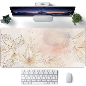 Desk Mat,Minimalist Flowers and Leaves Large Gaming Mouse Pad for Desk XXL,Golden Line Floral Desk Pad,Extended Big Computer Keyboard Mouse Pad with Non-Slip Base Stitched Edges 35.4"x15.7"