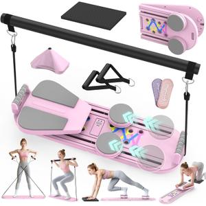 Pilates Board Pilates Reformer Set for Women, 7 in 1 Foldable Pilates Equipment with Timer, Portable Pilates Machine for Home Workout, Fitness, Exercise, Ab, Core (Pink)