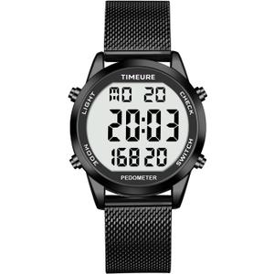 Men's Pedometer Watch with Stainless Steel Bracelet,Step Counter Watch No App, No Charging Needed for Ourdoor Walking, Calorie, Distance, Alarm, Countdown Timer Watch TU-2306B TIMEURE (BLACK)
