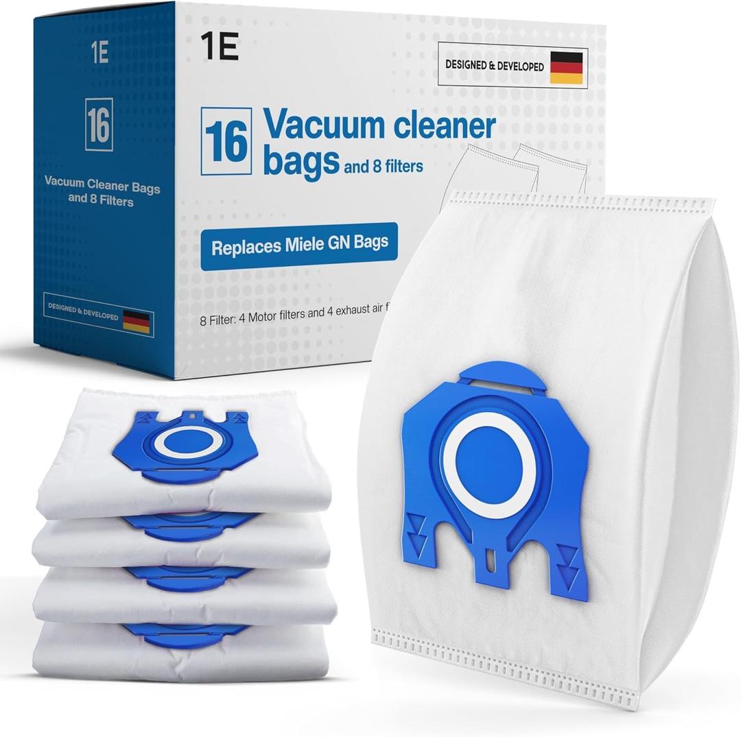 16 Type G/N Vacuum Cleaner Bags for Miele Vacuum Cleaners [Replaces 10123210 AirClean 3D Efficiency Type GN] Fits Classic C1, Complete C2 & C3, S8340, S8000, S6000 & S5000 Series + 8 Filters