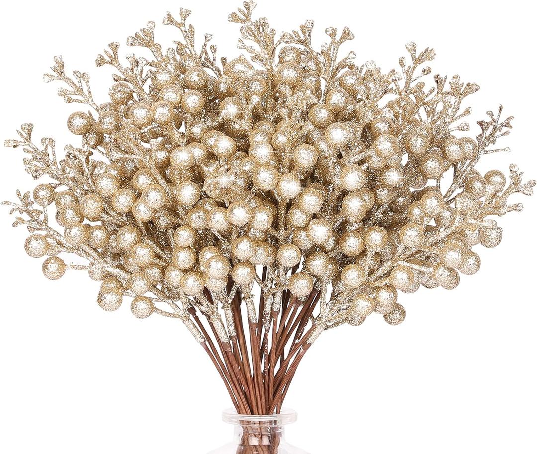 HOHOTIME 36Pcs Christmas Glitter Berries Stems, 9.5 Inch Artificial Christmas Tree Picks for Christmas Tree Decorations Ornaments DIY Crafts Vases Holiday Wedding Home Xmas Decor(Champagne)