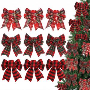 JOHOUSE 12PCS Plaid Bows for Christmas Tree, Rustic Festive Bow Set for Christmas Check Plaid Bows Ornaments for Xmas Tree Garland Wreath DIY Crafts Home Sewing Scrapbooking Gift Decor