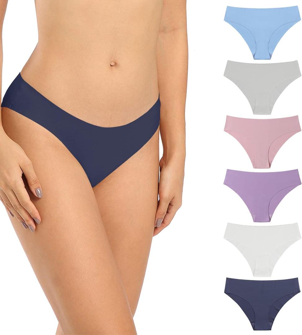 SHARICCA Women Seamless Cheeky Bikini No Show Panties Ladies Invisible Breathable Briefs Soft Stretch Underwear Multi Pack (Small, Navy-purple-gray-pink-blue-white)