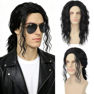 Mens Black Curly Wig for Costume 70s 80s Mullet Rocker Synthetic Long Wavy Wigs for Retro Halloween Cosplay Party Use