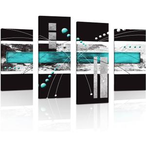Modern Abstract Canvas Wall Art: Black Teal Wall Decor - Grey White Decoration for Home Office, 4 Panels Poster Framed Print for Living Room Bedroom, 12" x 24" x 2 + 12 x 32" x 2