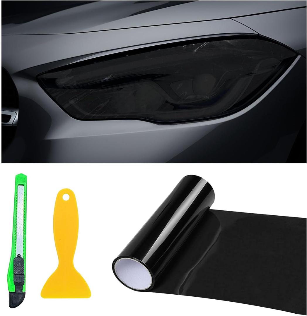 12 48 Inch Car Tint Film, Shiny Chameleon Headlights Tail Lights Fog Lights With Squeeze & Cutter, Self Adhesive Vinyl Sticker Sheet Roll Car Accessories (Dark Black)