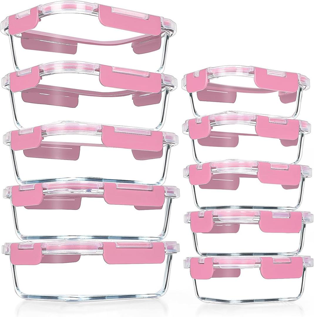 VERONES 10Pack Glass Meal Prep Containers, Airtight Glass Lunch Containers,Stackable Food Storage Containers Set with Lids,Exclusive of BPA, for Microwave,Oven, Freezer&Dishwasher Friendly,Pink