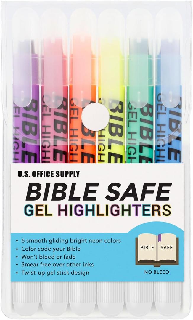 U.S. Office Supply Bible Safe Gel Highlighters, 6 Pack Set - 6 Different Bright Neon Fluorescent Highlight Colors Yellow, Orange, Pink, Purple, Green, Blue - Won't Bleed, Fade or Smear - Study Guide