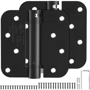 Self Closing Door Hinges 4 Inch, Matte Black Spring Loaded Hinges 5/8'' Radius Corners, Adjustable Tension for Exterior, Garage, Front and Back Doors, Heavy Duty UL Listed 2 Pack