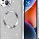 Hython for iPhone 14 Case Glitter, Clear Magnetic Phone Cases with Camera Lens Protector [Compatible with MagSafe] Bling Sparkle Plating Soft TPU Slim Shockproof Protective Cover Women Girls, Silver