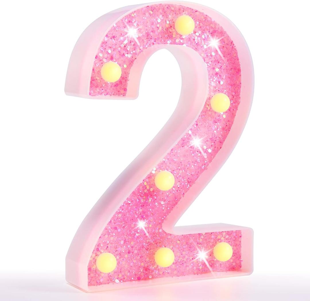 Pooqla Marquee Numbers Lights, light up Pink Numbers, Glitter Number Night Light Battery Powered Birthday Gift for Boys Girls Christmas Wedding Home Bar Party Decoration, Pink 2 (Warm White)