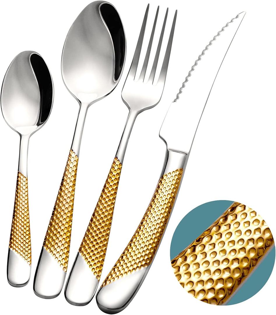 16 Piece Hammered Silver Gold Silverware Set, Modern Golden 18/10 Stainless Steel Flatware Set, Kitchen Utensil Set Service for 4, Tableware Cutlery Set, Knives Forks Spoons Set 16 Piece Hammered Silver Gold Silverware Set, Modern Golden 18/10 Stainless Steel Flatware Set, Kitchen Utensil Set Service for 4, Tableware Cutlery Set, Knives Forks Spoons Set