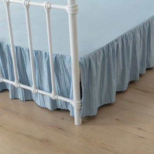 Bed Skirt Queen Size Ruffled Bed Skirts with Split Corners, 14 Inch Drop Dust Ruffle Bed Skirt with Platform, Tufted Boho Bed Skirting Queen Size, Striped, 14" Queen, Light Blue