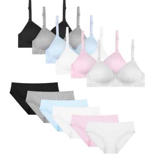 Teens Training Bras for Girls Big Kids Padded Sports Bra Adjustable Straps Bralette with Underpants Sets (34, Black-darkgrey-lightgrey-white-blue-pink)