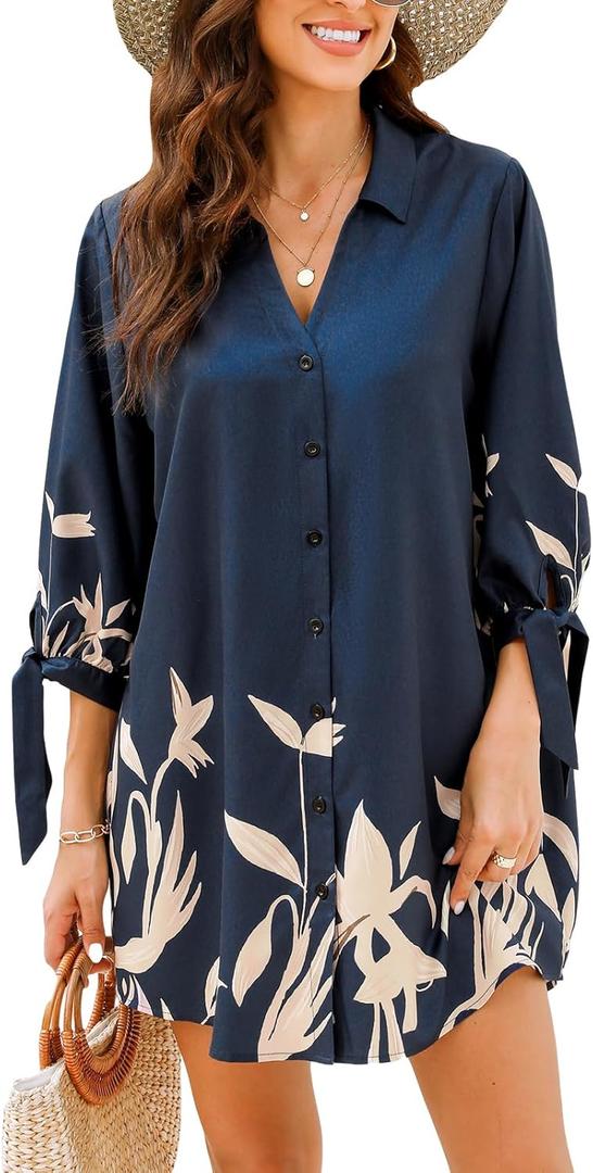 CUPSHE Women Mini Summer Dress Cover Up Oversize Floral Shirt 3/4 Sleeve Cuff Tie Button Down Beach Dresses Cover Up Top (Blue, XXL)