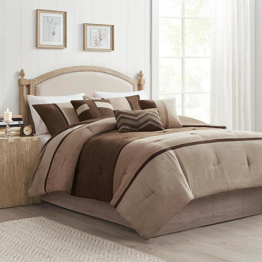 Madison Park Palisades Comforter Set Modern Faux Suede Pieced Stripe Design, All Season Down Alternative Cozy Bedding with Matching Shams, Decorative Pillows, Queen(90"x90"), Brown 7 Piece