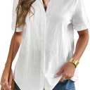 Zeagoo Women Linen Button Down Shirt Rolled Cuffed Short Sleeve Blouse Ladies Summer Casual V Neck Beach Cotton Tops (White, XL)