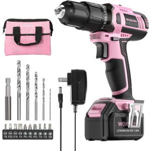 WORKPRO Pink Cordless 20V Lithium-ion Drill Driver Set, 1 Battery, Charger and Storage Bag Included - Pink Ribbon