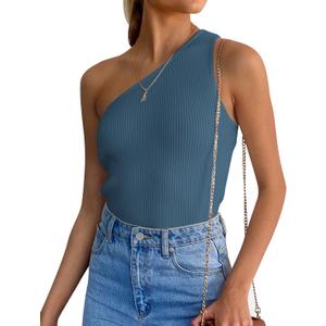 ZESICA Women's One Shoulder Tank Summer Sleeveless T Shirt Ribbed Knit Slim Fit Sexy Casual Basic Tee Tops (Blue, S)