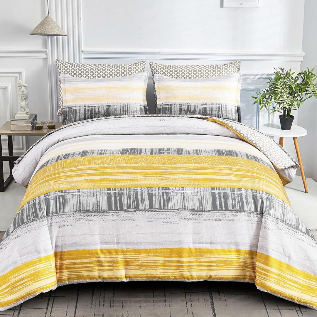 Dintszyayue 7 Piece Yellow Stripe Gradient Comforter Set Queen,Mustard Yellow and Grey Bed in a Bag Patchwork Bedding Set with Sheets,Pillowcases & Shams Reversible Soft Microfiber Comforter