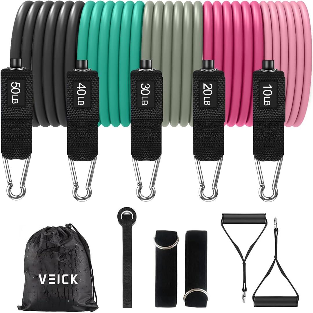 VEICK Resistance Bands, Exercise Bands, Workout Bands, Resistance Bands for Working Out with Handles for Men and Women, Exercising Bands for Fitness Weights Work Out at Home (Pink Green)