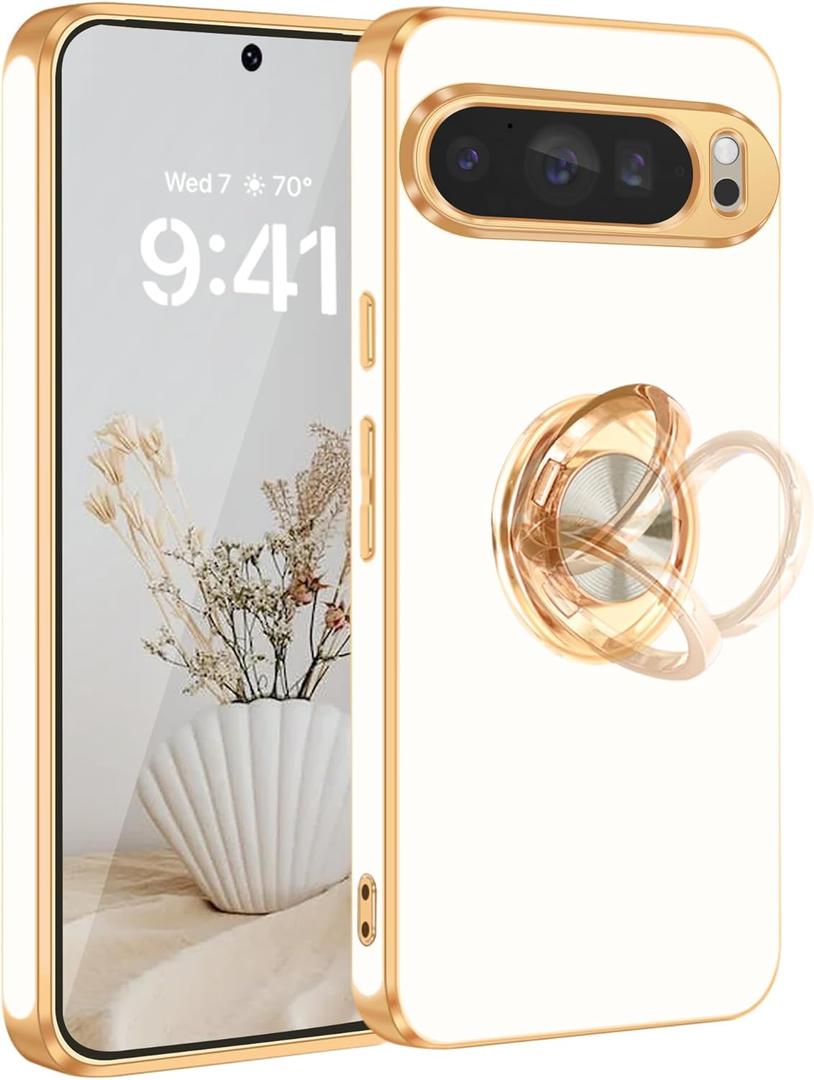 Fingic for Pixel 9 Pro XL Case[with 360Rotatable Ring Holder][Support Magnetic Car Mount]Shiny Plating Gold Slim Fit Thin Soft TPU Bumper Shockproof Case for Google Pixel 9 Pro XL for Girls Boy, White