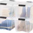 IRIS USA 32 Qt Stackable Plastic Storage Bins with Lids, 4 Pack BPA Free, Made in USA See Through Organizing Solution, Latches, Durable Nestable Containers, Secure Pull Handle Clear