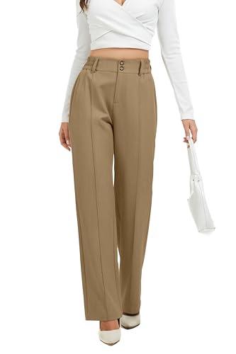 FUNYYZO Wide Casual Pants Women's High Elastic Waisted Business Work Trousers Long Straight Suit Pants Camel Khaki, Size: Small