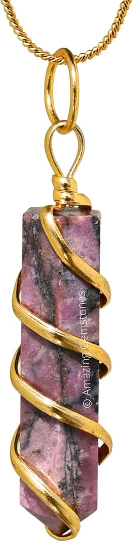 Rhodonite Crystal Necklace Pendant For Women, Gold Wire Wrapped Dainty Minimalist Healing Crystal Necklaces For Men Kids Unisex Necklace Jewelry With 20" Inches Adjustable Chain & Leather Cord