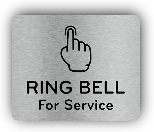 Metallic Silver 'Ring Bell For Service' Sign with Bell Icon - Aluminium Self-Adhesive Peel and Stick Hospitality Signage for Hotels and Restaurants - Easy Install Customer Service Reception Desk Sign
