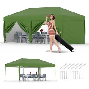 GarveeLife 10x20 Pop Up Canopy with 6 Sidewalls, Beach Ten with One Push Setup, Heavy Duty Outdoor Instant Canopy Tent with Portable Roller Bag, Silver Coated Top, 3 Adjustable Height, Sandbags,Green