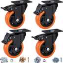 4" Caster Wheels, Casters Set of 4 Heavy Duty - Orange Polyurethane Castors, Top Plate Swivel Wheels, 4-Pack Industrial Casters with Brake, Locking Caster for Furniture and Workbench